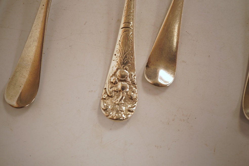 A collection of twenty nine assorted Georgian picture back teaspoons, various dates and makers, including three with masted ship, some marks indistinct, 10.2oz.